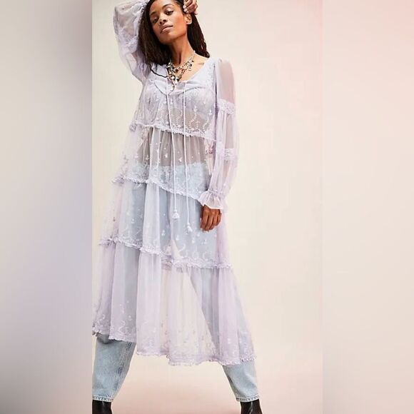 Free People Stevie Embroidered Mesh & Lace Maxi Dress in Lavender Blue - Picture 2 of 9